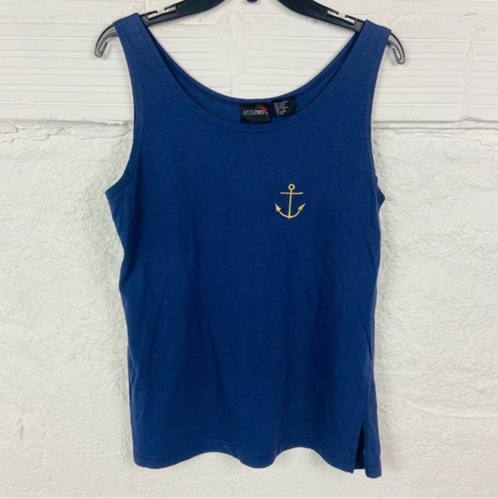 VINTAGE MTA PRO Nautical Blue Tank Top with gold Anchor Embroidery SZ medium